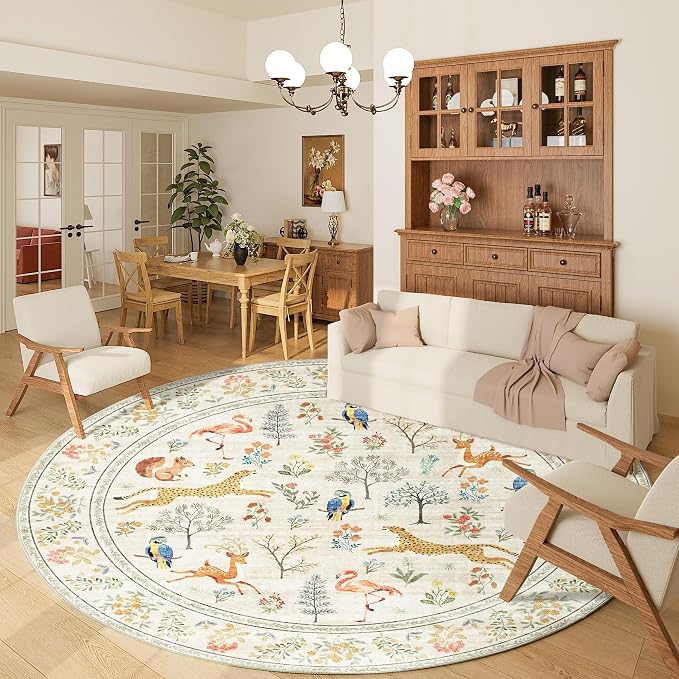 DUKINO 6ft Round Rug for Bedroom, Animal Print Washable Circle Rug