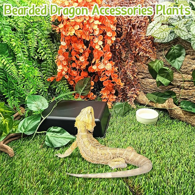 Hamiledyi Reptile Plants Tank Habitat Decorations Fake Hanging Vines 5 Pcs Artificial Leaves Habitat Decorations with Suction Cup for Bearded Dragon, Leopard Gecko, Lizard, Chameleon, Snake (Green)
