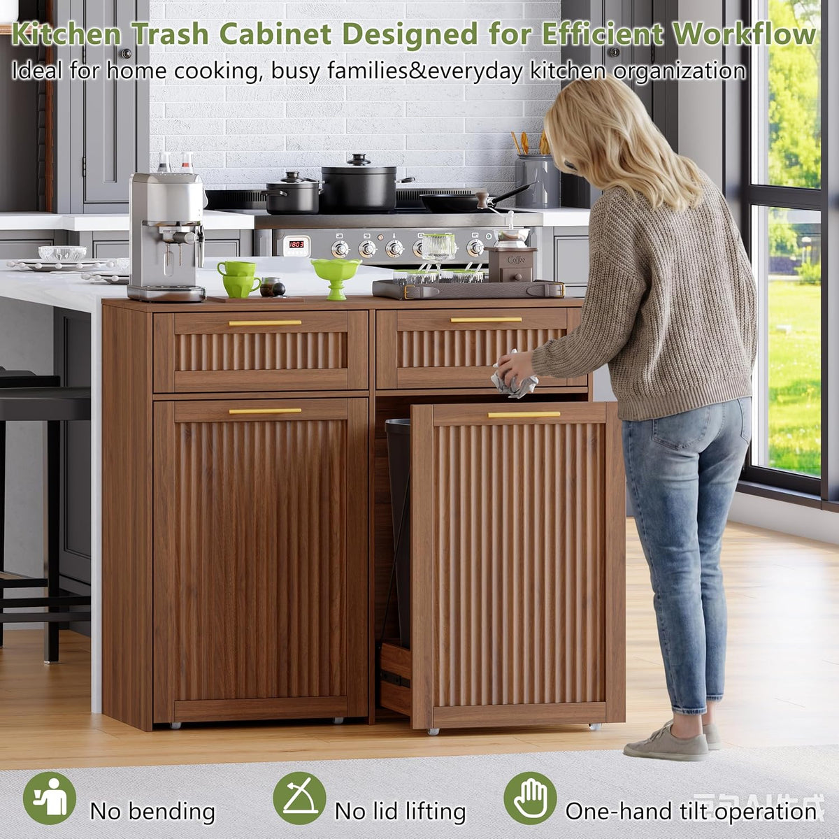 Double 13 Gallon Pull Out Trash Can Cabinet with Drawer, Garbage Cabinet