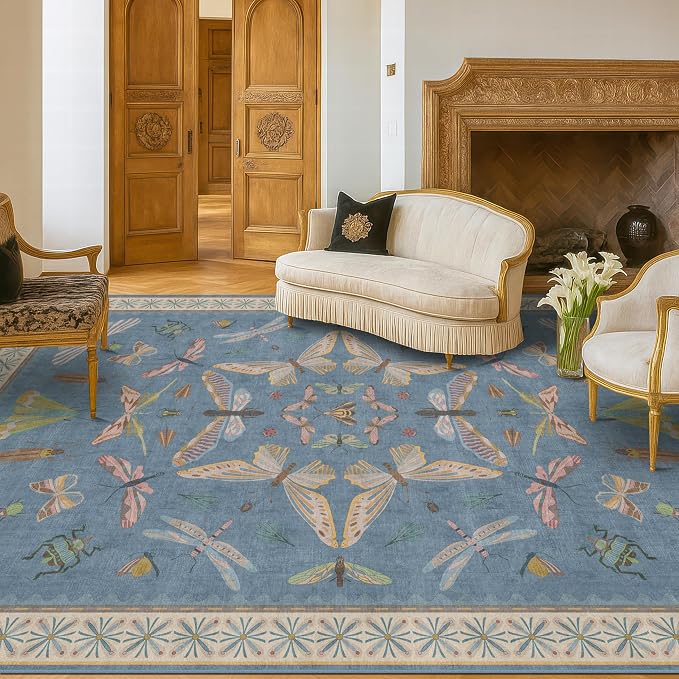 Washable 7x9 Area Rug for Living Room, Dusty Blue Modern Boho Carpet for