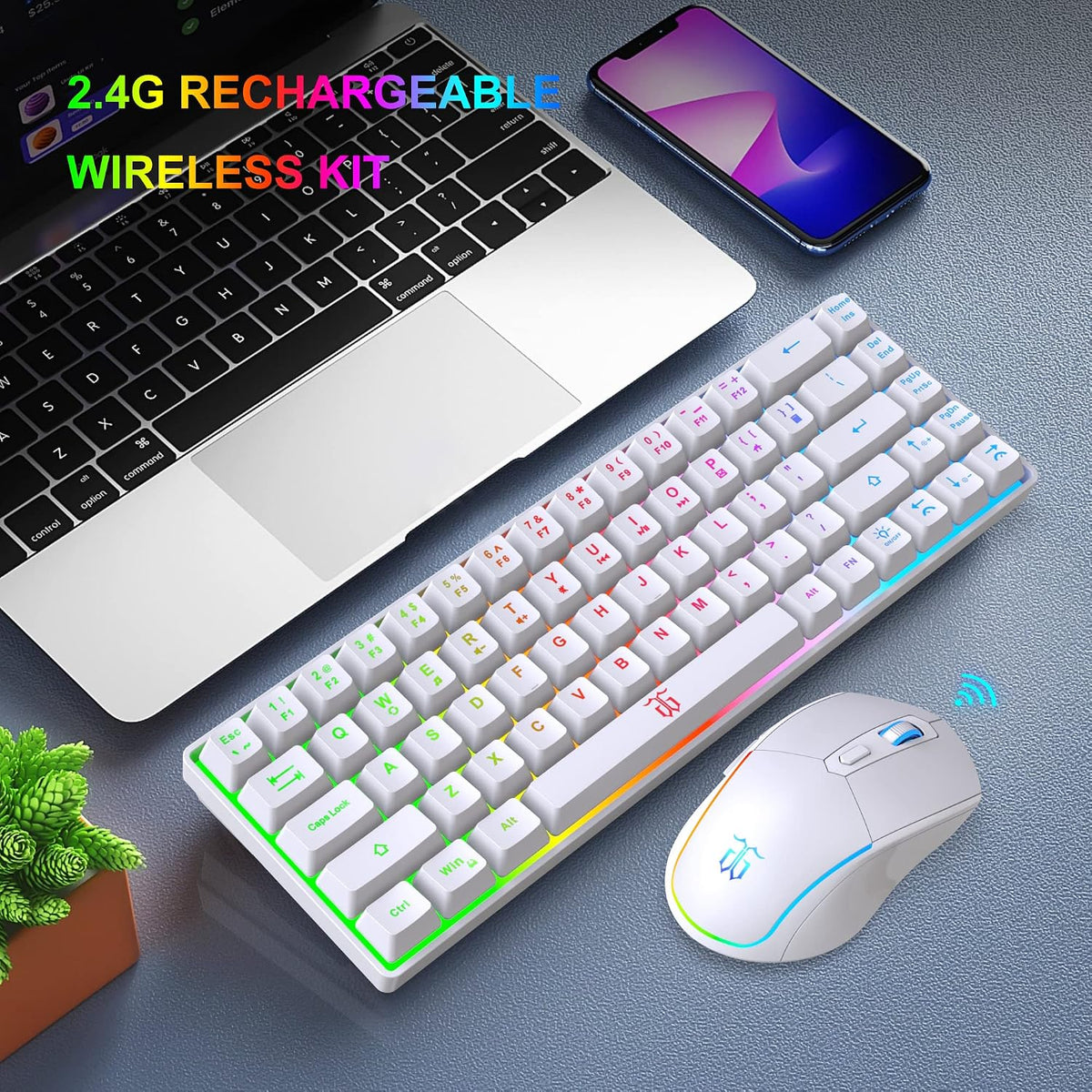 Snpurdiri 60% Wireless Gaming Keyboard and Mouse Combo, White