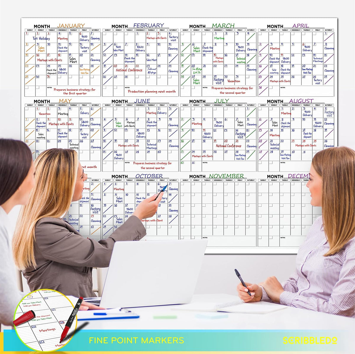 Large 36"x48" White Board Calendar for Wall 12 Month Planner Board Big Dry Erase Wall Calendar Monthly Large Includes 6 Markers Eraser Push Pins & Mounting Tape