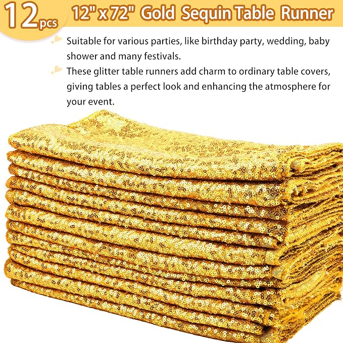 12 Packs 12 X 72 Inch Gold Sequin Table Runner Glitter Dining Table Runner