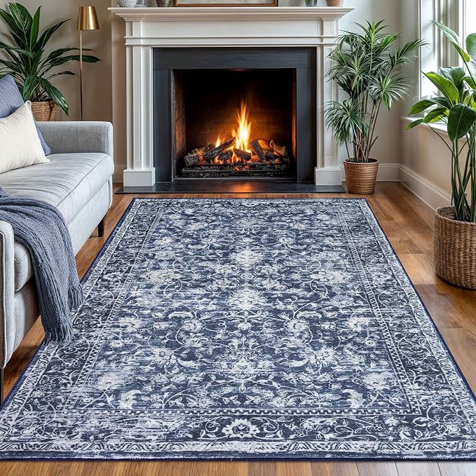 KILOCOCO Area Rug 4x6 Entryway Rug Washable Printed Vintage Floral Rubber