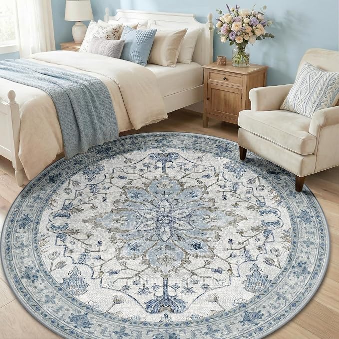 RELEANY Area Rugs Round 6ft Washable Non-Slip, Floral Vintage Distress