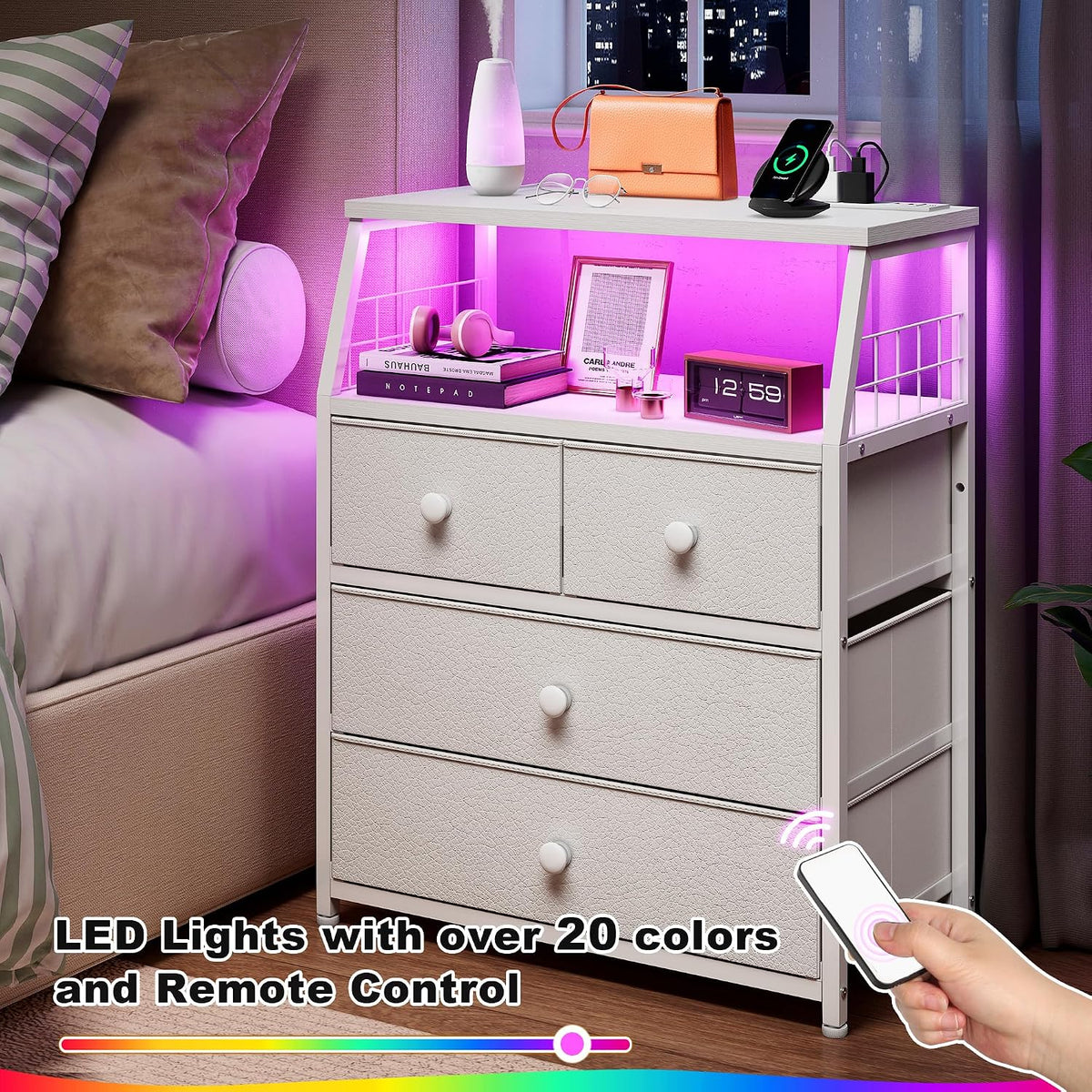 EnHomee Nightstand, 4 Fabric Drawer, LED Lights, Bedside Table
