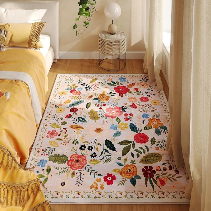 Rugcomf Area Rug 4x6 Rug Washable Boho Rugs Non Slip Low Pile Floral Small