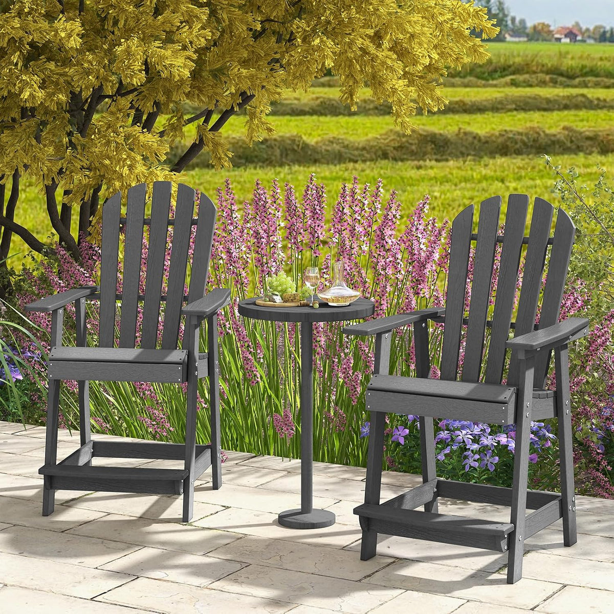 Tangkula Outdoor Bar Stool, HDPE Tall Adirondack Chair with Armrest & Footrest, Weather Resistant 47 Inch Counter Height Barstool Lifeguard Chair for Pool Deck Patio Garden, Balcony Chairs (1, Gray)