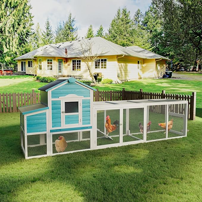 Wooden Chicken Coop with Nesting Box and Free-Range Door – Outdoor Hen House for 3–4 Chickens, All-Weather Asphalt Roof, Secure Locks & Easy-Clean Sliding Tray Blue
