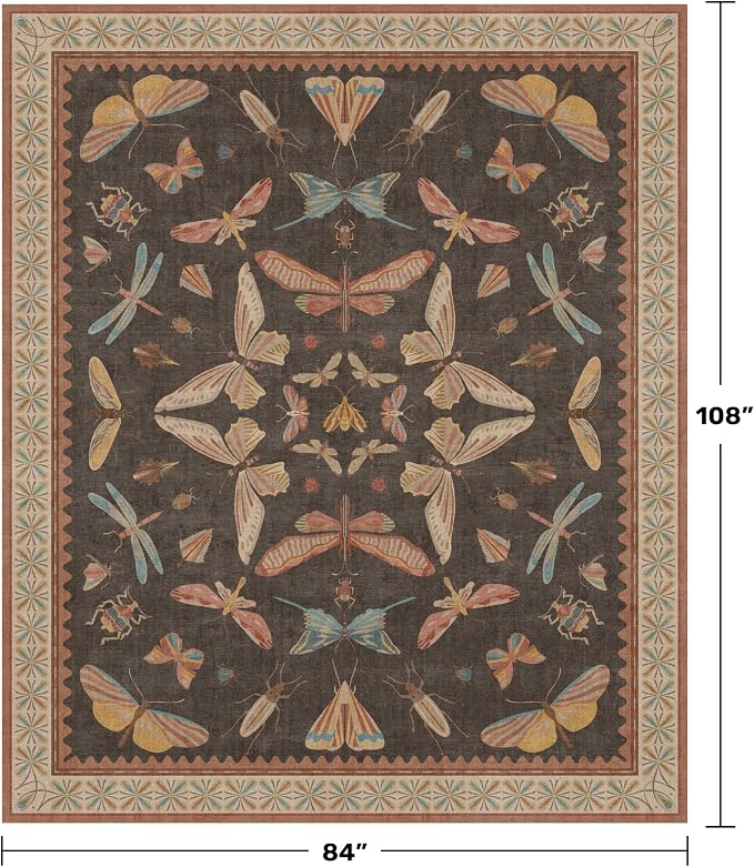 Washable Brown Farmhouse Rug 7x9, Low Pile Area Carpet