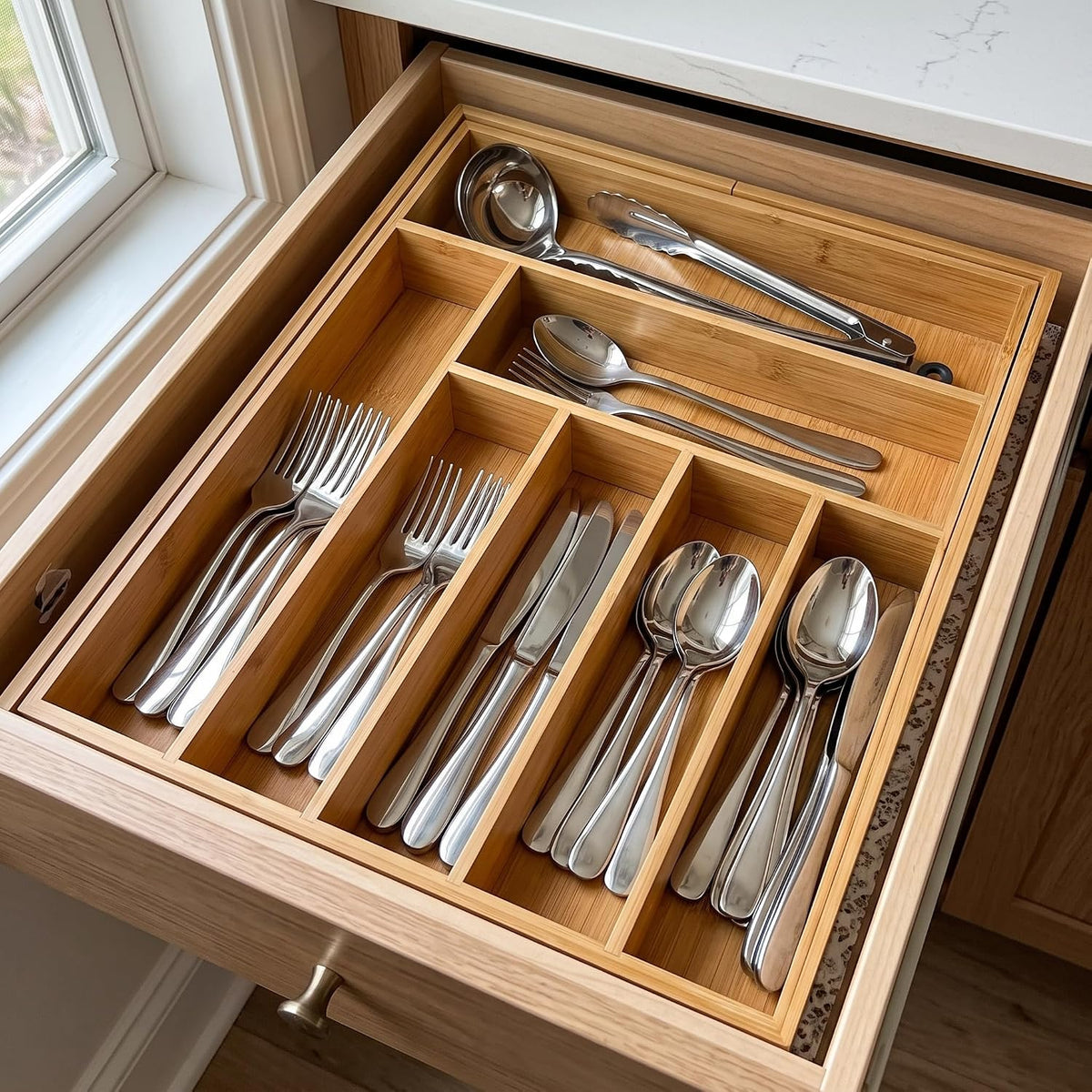 Bamboo Expandable Silverware Drawer Organizer, Utensil Tray