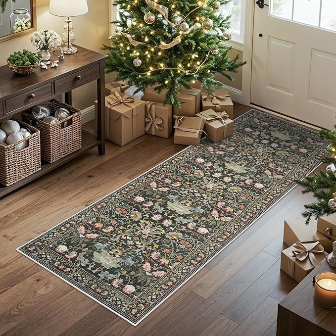 Hallway 2x5 Washable Runner Rug: Oriental Floral Stain Resistant Rug