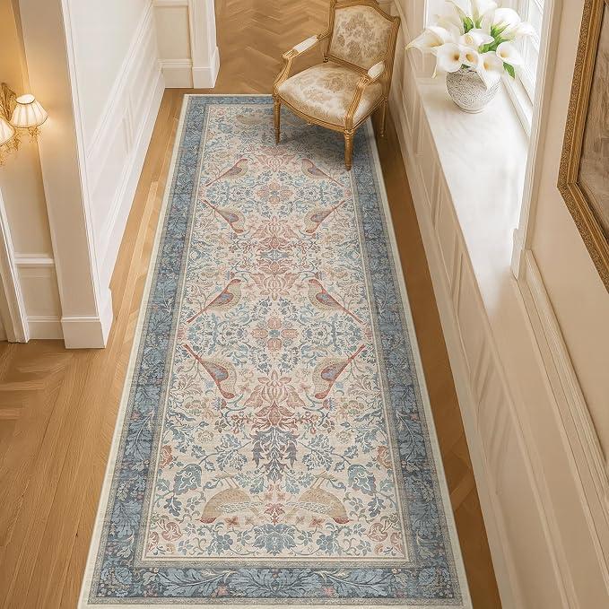 Hazo Haus Natural Red Blue 2'6"x8' Hallway Runner Rug, Boho Kitchen Floor Mat