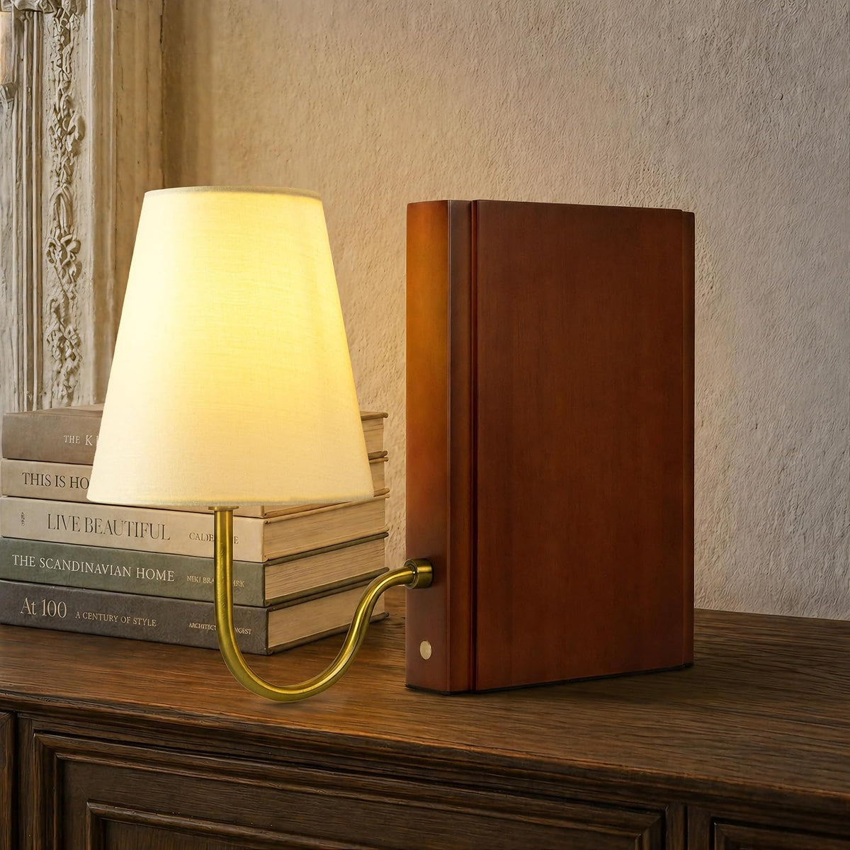 AELS Solid Wood Bookshelf Lamp with Bulb, 3-Color Touch Control Dimmable Table Lamp with Linen Shade, Modern Decorative Bookend Lamp for Bedroom, Office & Bookshelf Decor, Dark Brown