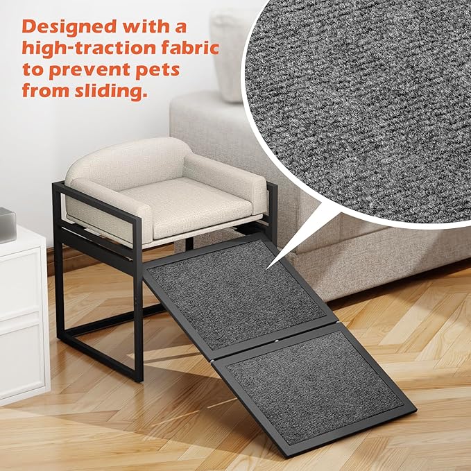AZV Non Slip Dog Stairs Ramps for High Bed,Extra Wide Seat Chairs Mate for Small Puppy,Metal Frame Steps for Doggie to Get on Bed with Platform,Office Window Old Doggy Couch,Dachshunds Ladder Khaki