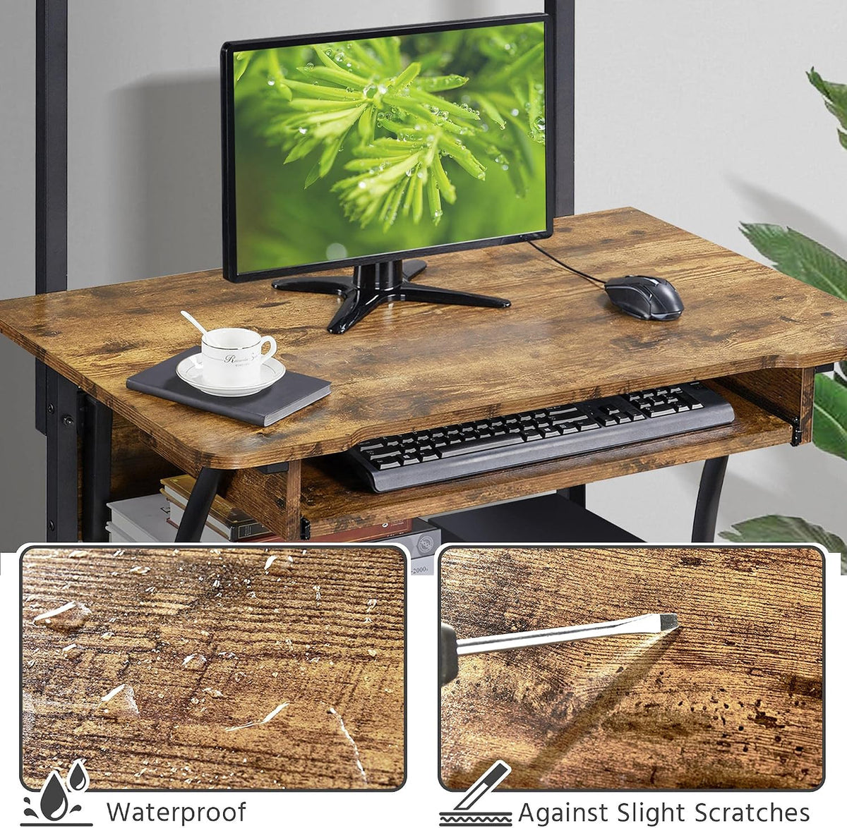 Topeakmart 2-Tier Rolling Desk with Printer Shelf & Keyboard Tray, Rustic Brown
