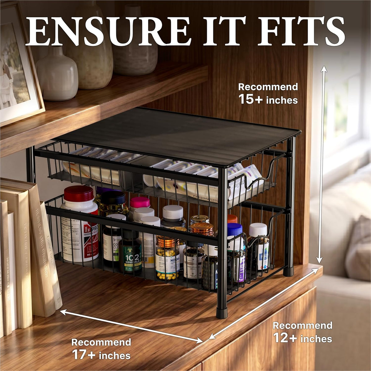 Simple Houseware Stackable Sliding Basket Organizer Drawer, Black, 2-Tier
