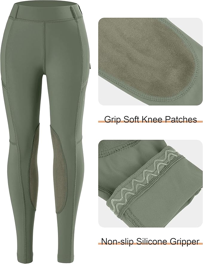 SANTINY Girls Horse Riding Pants with Zipper Pockets Kids Stretchy Equestrian Breeches Knee-Patch Youth Schooling Tights