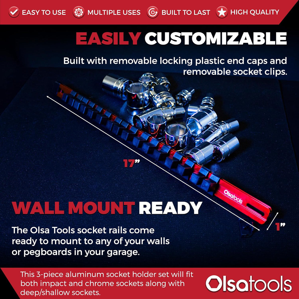 Olsa Tools 3-sets Socket Organizer Rail with Locking Caps, Red