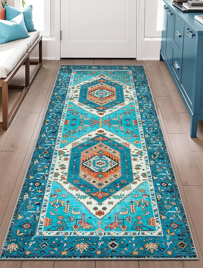 SERISSA Boho Washable Runner Rug, 2x5 Rug Runner Non-Slip Vintage Blue Hallway
