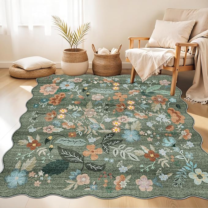 Floral Square Area Rug for Family: Washable 5x5 Scalloped Carpet for Living