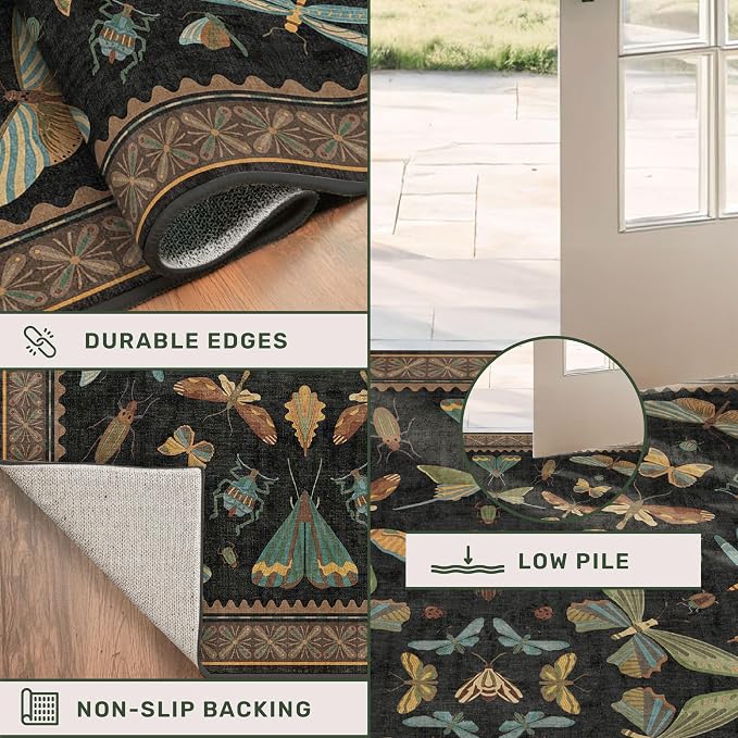 Vintage Insect 2x8 Black Entryway Runner Rug, Washable Non Slip Runners