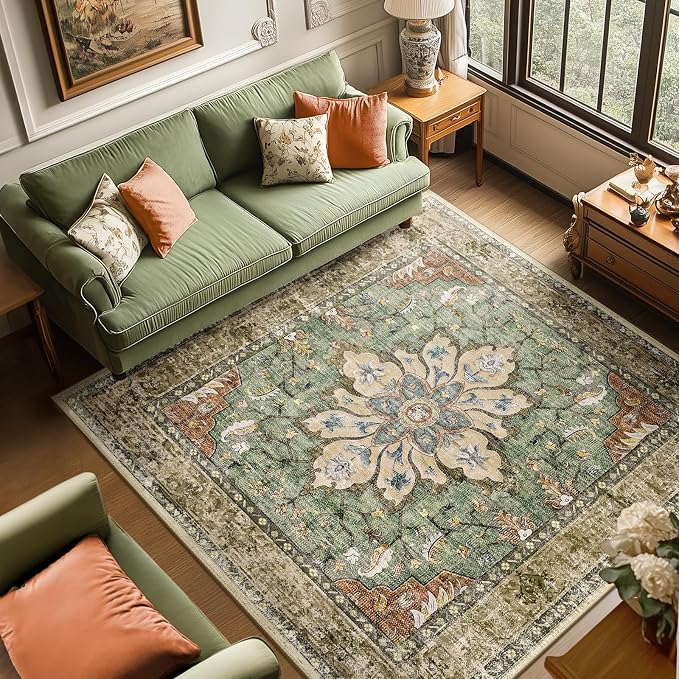 RELEANY Area Rugs Square 8ft Washable Non-Slip, Floral Vintage Distress