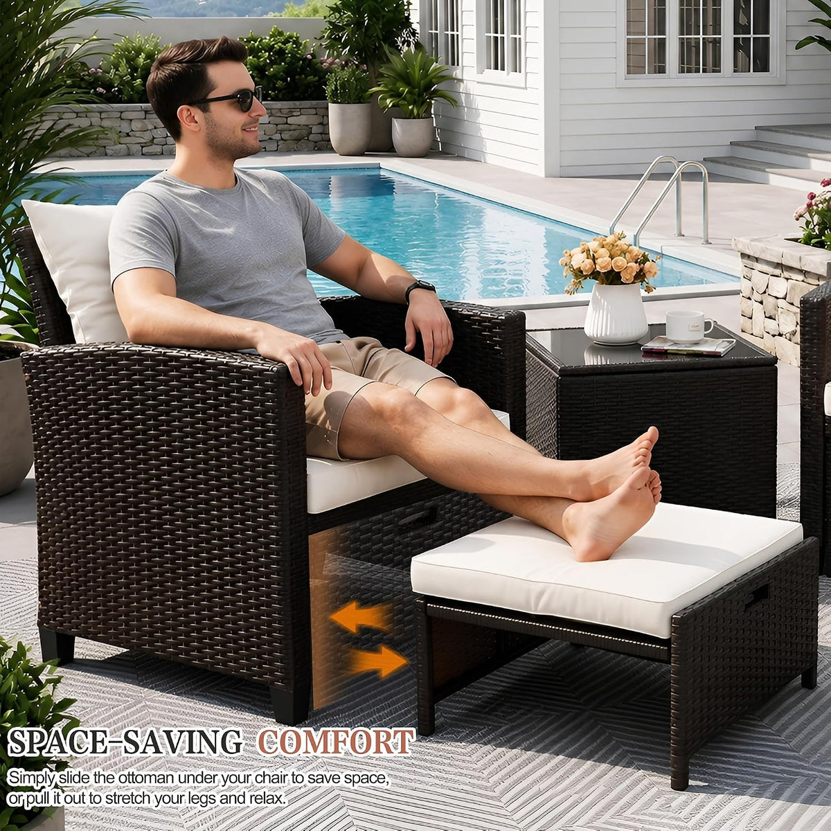 Vongrasig Patio Chair with Ottoman, 5 Pieces Patio Furniture Set Small Balcony Furniture, Rattan Patio Chairs Set of 2 with Glass Table for Front Porch Garden (Beige)
