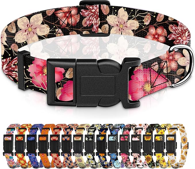 Dog Collar for Boys & Girls, Puppy Collar for Small to Large Dogs, Adjustable Soft Floral Pattern Pet Collar with Safety Buckle for Male & Females (Red, L)