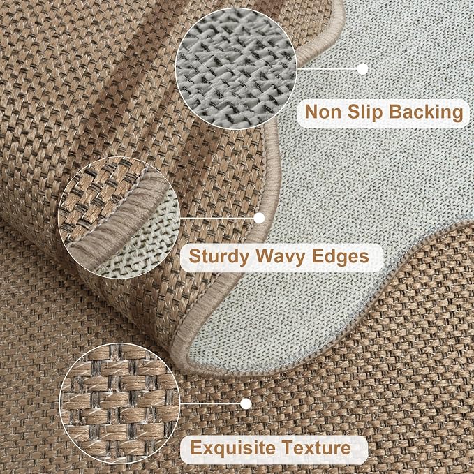 Scalloped Easy Jute 2.6x8 Kitchen Runner Rug, Washable Rugs