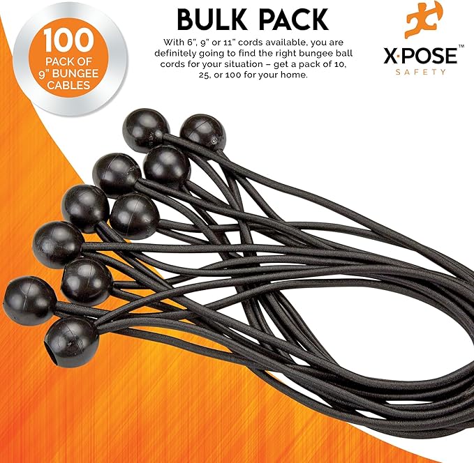 Xpose Safety Bungee Ball Cords 9" 100 Pack Heavy Duty Black Stretch Rope with Ball Ties for Canopies, Tarps, Walls, Cable Organization