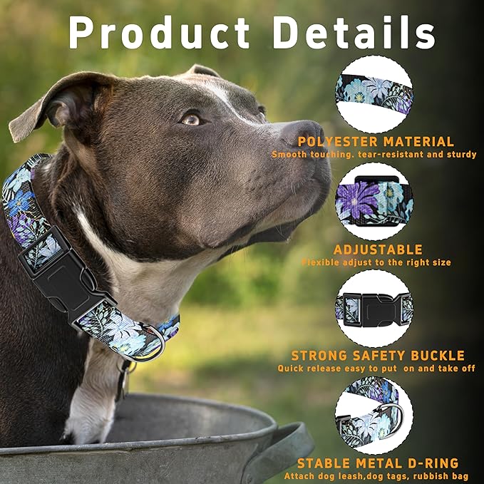 Dog Collar for Boys & Girls, Puppy Collar for Small to Large Dogs, Adjustable Soft Pet Collar with Safety Buckle for Male & Females (Purple Floral, M)