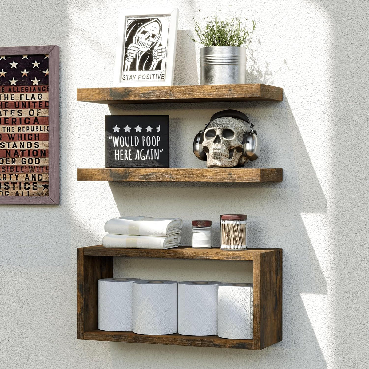 RICHER HOUSE 3-Set Brown Floating Wall Shelves, Bathroom Shelf Over Toilet