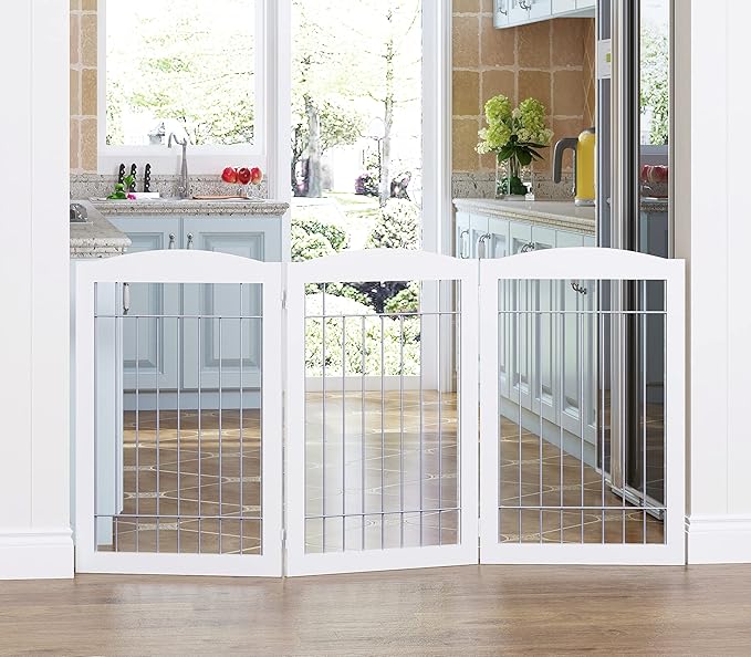 Spirich Freestanding Wire Pet Gate for Dogs, Tall Dog Gate for The Houes, Doorway, Stairs, Pet Puppy Safety Gate with Sliver Wire 60 Inches Extra Wide, 30 Inches Tall, 3 Panels, White