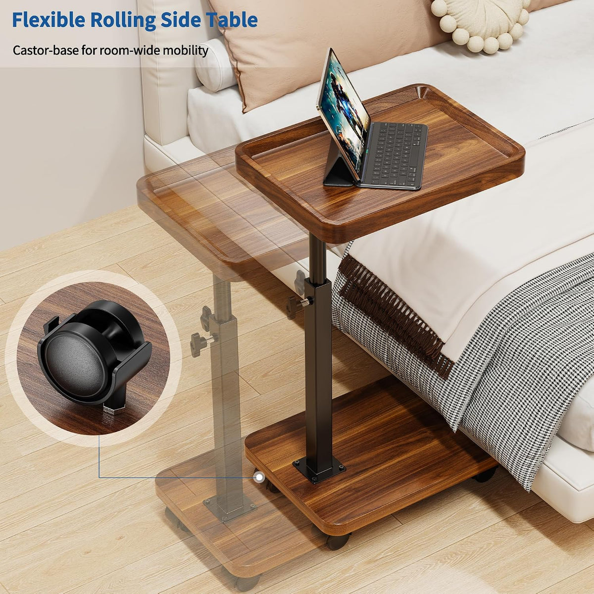 C Table with Wheels, Adjustable Height, 360° Swivel Bed Tray Table