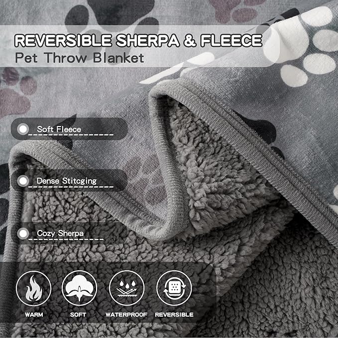 Waterproof Dog Blankets Pet Blanket, 30"x40" Cat Blanket for Indoor Cats, Soft Fluffy Sofa Car Bed Protector, Reversible Sherpa Fleece Puppy Blanket for Small Medium Dogs (Dark Grey-Paws)