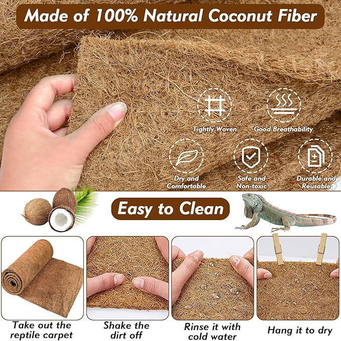 ZeeDix 10 Pcs Reptile Mat, 8X8 inch Natural Coconut Fiber Liner Mat Flooring Accessories for Reptile Tank - Bearded Dragon Tortoise Lizard Turtle Snake Leopard Gecko Substrate Bedding