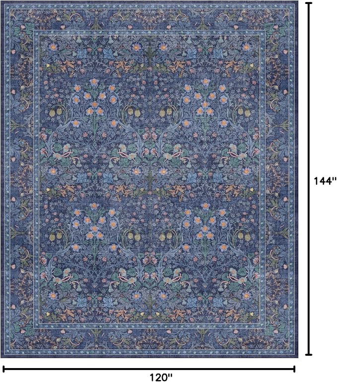Washable Dark Blue Rug for Living Room