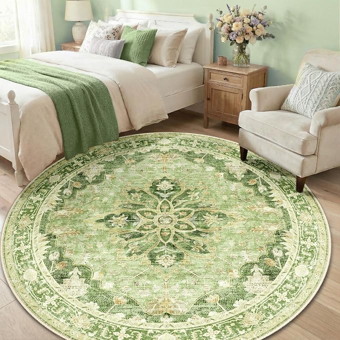 RELEANY Area Rugs Round 6ft Washable Non-Slip, Floral Vintage Distress