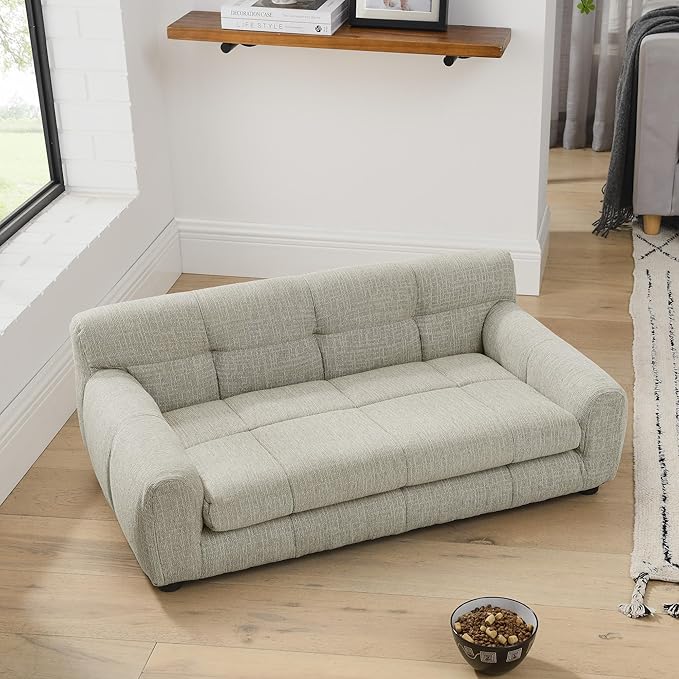 Human Dog Bed with Armrests & Backrest, Cave Dog Bed for Large Dogs, Comfortable Linen Upholstery, Short Sofa Legs for Easy Access, Durable, Stylish Camas para Perros, 38"x14.5"x22" (Beige)
