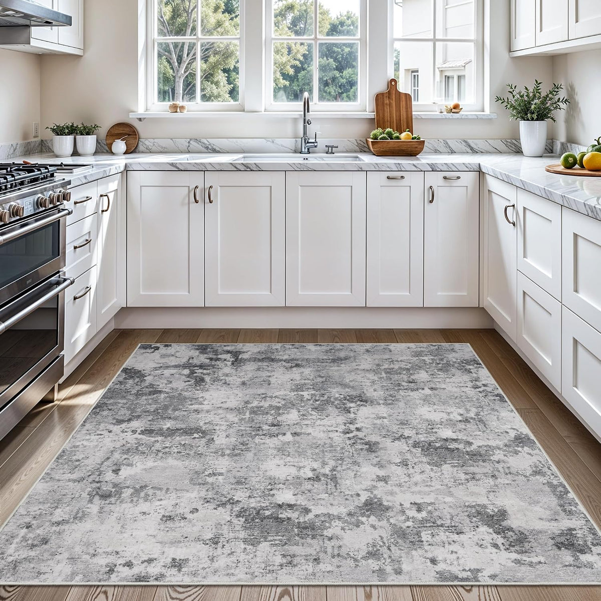4x4 Rug Square Washable for Entryway: Non Slip Abstract Area Rug Black Grey
