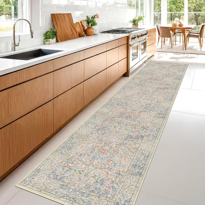 Hazo Haus Washable Beige Blue 2x10 Runner Rug