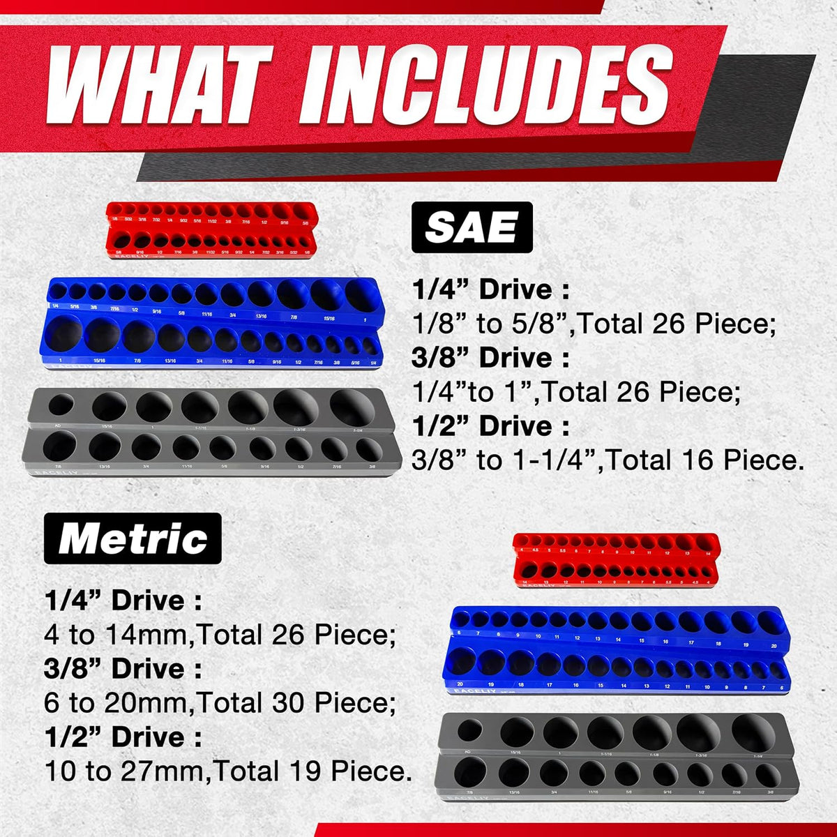 EACELIY Magnetic Socket Organizer Set SAE & Metric Deep & Shallow Socket Holder Kit, Socket Trays (sockets not included) (6PCS 3 COLOR))