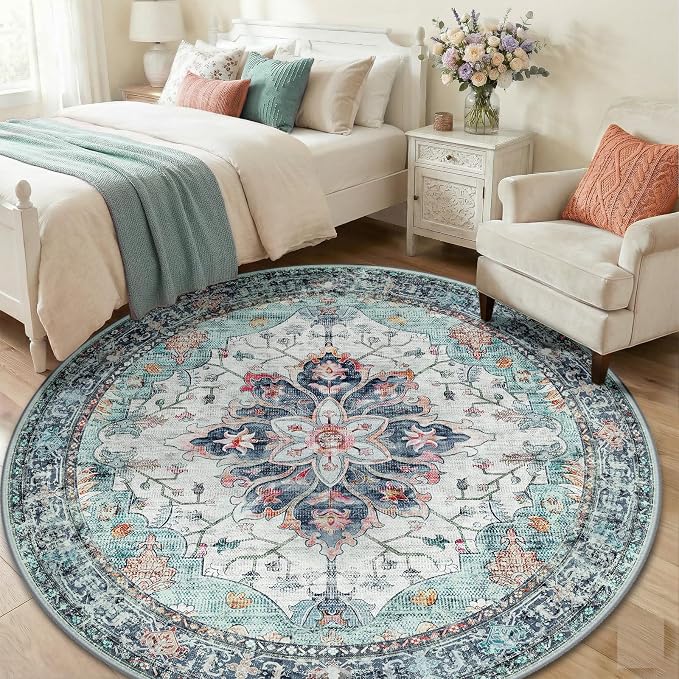 RELEANY Area Rugs Round 6ft Washable Non-Slip, Floral Vintage Distress