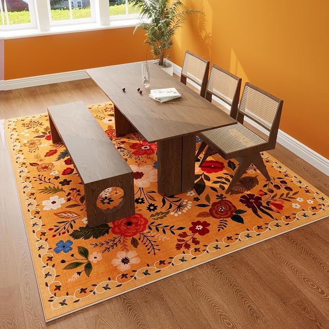 Rugcomf Living Room Rug 5x7 Rug Machine Washable Boho Area Rug Non Slip Floral