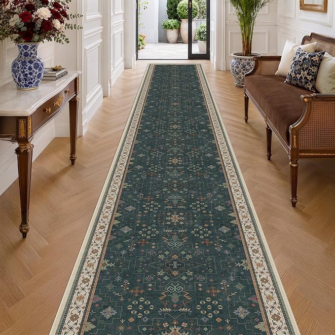 Hazo Haus Washable 3x20 Dark Green Hallway Runner Rug
