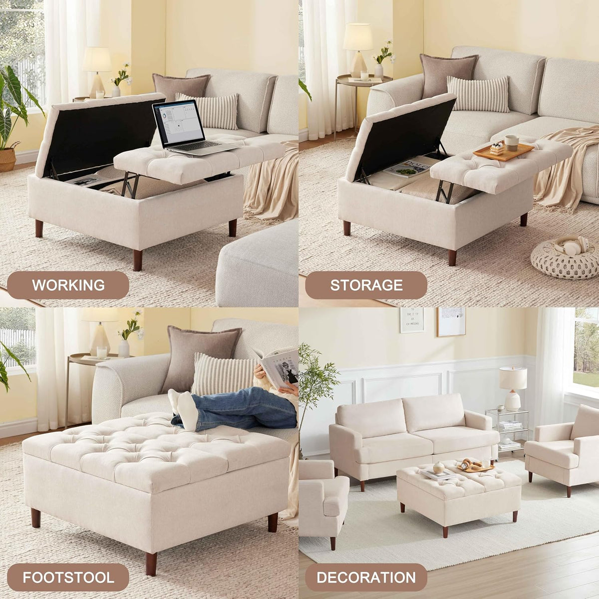 Weture 35" Large Storage Ottoman Coffee Table, Square Ottoman, Beige