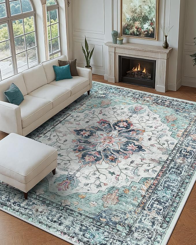 RELEANY Area Rugs Large 9'x12' Washable Non-Slip, Floral Vintage Distress