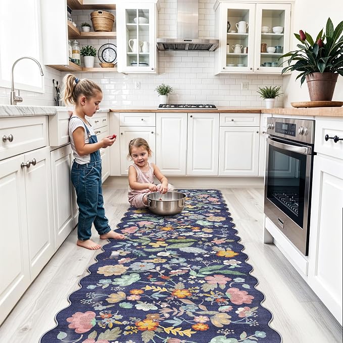 Washable Non-Slip Runner Rug 2x8: Water-Resistant Floral Kitchen Rug Indoor Low