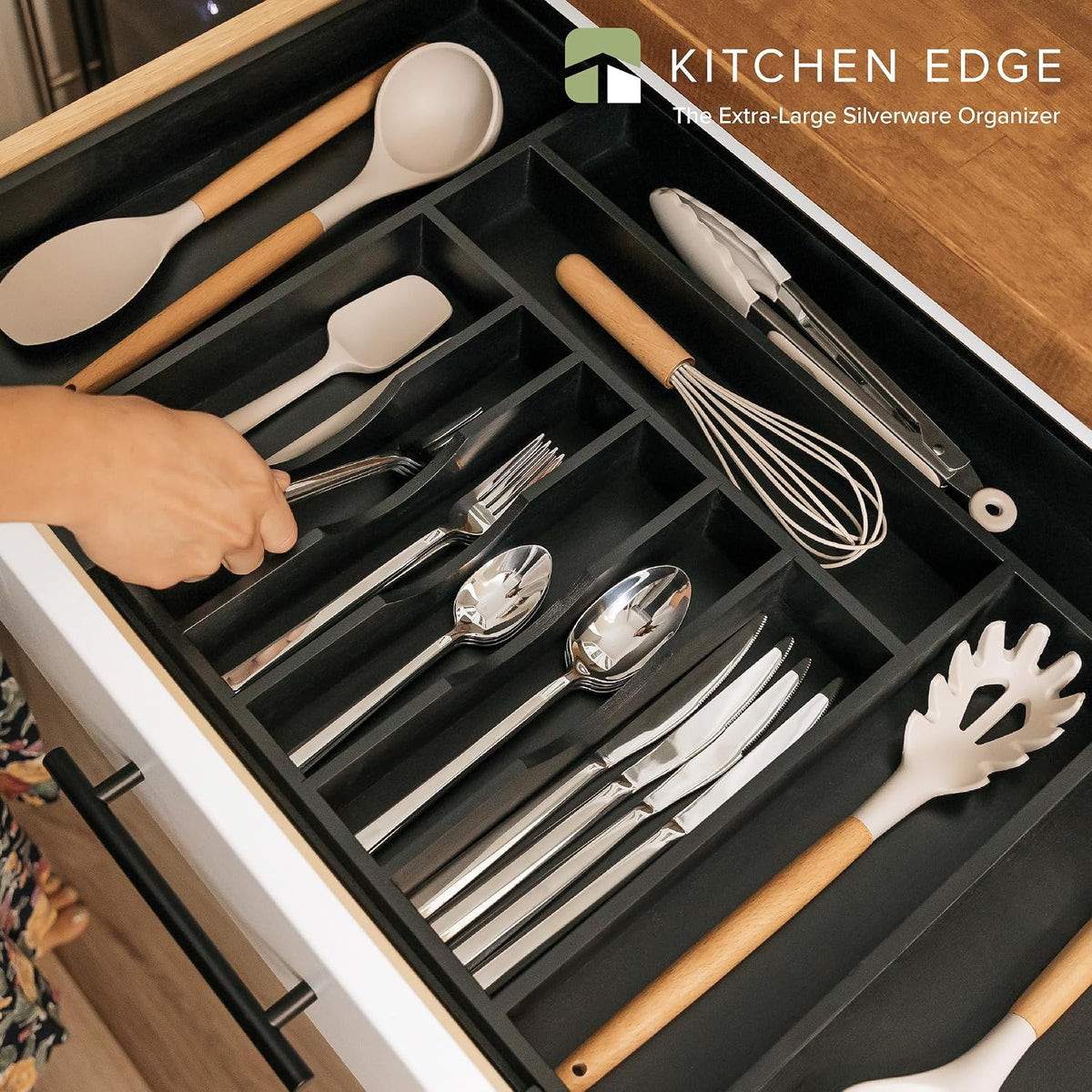 KitchenEdge Silverware & Utensil Drawer Organizer, 18-33 in, Black Bamboo